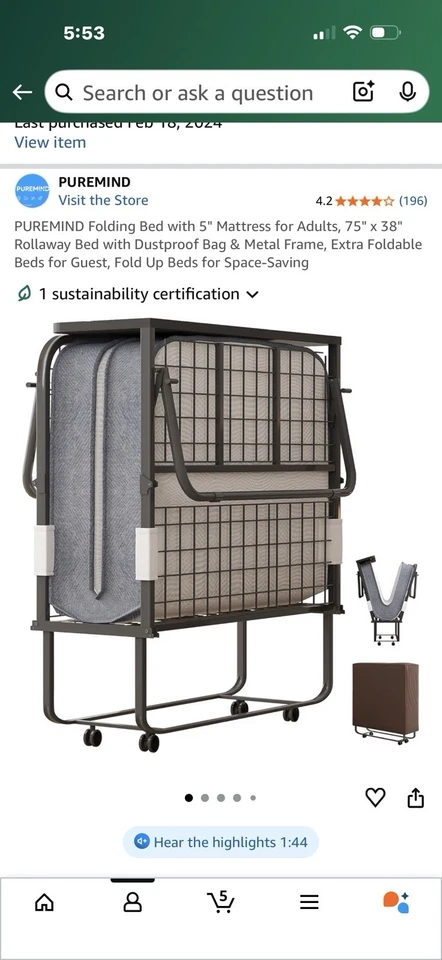 Cama Plegable con 5 Colchones para Adultos 75x38 Cama Plegable con Bolsa de Almacenamiento Foto 1 de 3