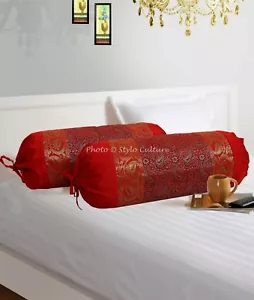Indian Long Round Pillow Yoga Massage Bolster Beige Cylinder Silk Cushion Cover - Picture 1 of 4