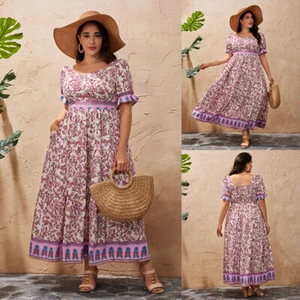 Plus Size Women Boho Floral Short Sleeve Summer Midi Dress Beach Party Dresses - Picture 1 of 21