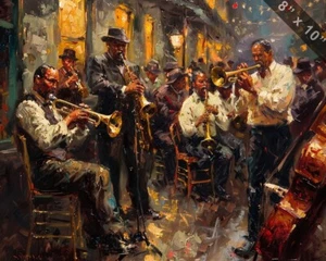 Pintura al óleo de una banda de jazz en Nueva Orleans impresión 8x10 - Imagen 1 de 1