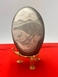 Carved Emu Egg with Gold-Plated Emu Stand – Australian Artisan Craft - Picture 1 of 11