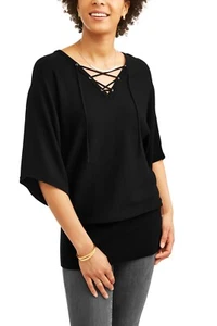 Willow & Wind Women's Lace Up Dolman Sleeve Sweater, Black, Small - Picture 1 of 2