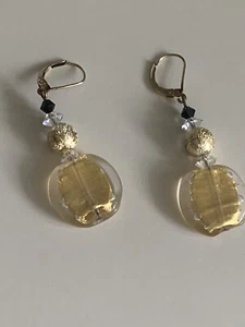 Yellow Glass Gold Black Beaded Dangling Earrings Marked 14/20 Gold Filled 1.5” - Picture 1 of 3