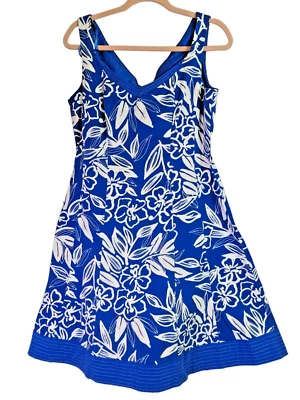 Dorby Womens size 12 Blue Floral Cotton Spandex Zip Up Tropical Lined Dress - Image 1 of 4