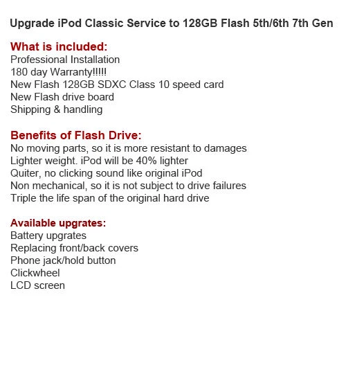 128GB Flash Memory Upgrade Service for your 5th/ 6th /7th Classic Gen iPod - Image 1 of 1