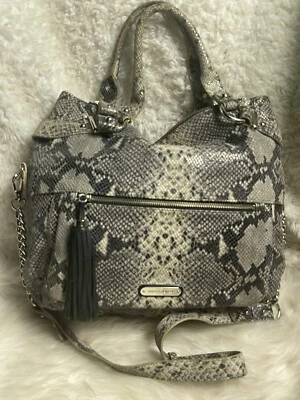 Cynthia Rowley Leather Snakeskin Print Gray Large Shoulder Bag Black Tassel - Image 1 of 4