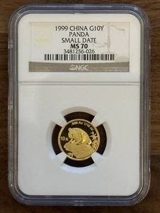 1999 MS70 China Gold Panda Small Date 1/10 oz G10Y 10 Yuan NGC Perfect Coin! - Picture 1 of 2