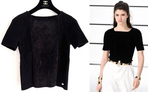 NEW  CHANEL  20A BLACK STRETCH VELVET  QUILTED RUNWAY SHORT SLEEVE TOP 34 XS - Picture 1 of 17