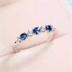 2Ct Round Cut Lab Created Blue Sapphire Wedding Band Ring 14K White Gold Plated - Picture 1 of 5