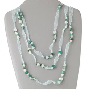 Handcrafted Green White Agate Pebble Gemstone Organza Ribbon 3 Strand Necklace - Picture 1 of 3