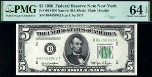 1950 $5 New York *NARROW* Federal Reserve Note FRN • 1961-B • PMG 64 EPQ - Picture 1 of 2