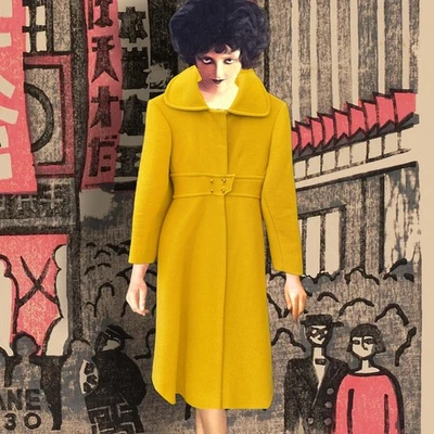 Vintage Yellow Wool Coat 1960s Mod Waist Tab Lined Swing S Mid Century 34” Bust - Image 1 of 4