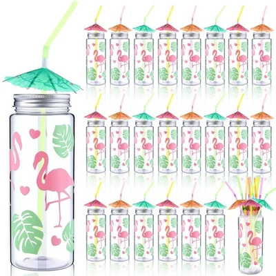24 шт. 14 унций гавайские чашки фламинго пластиковые чашки с крышками и соломинками, Reusab... - Изображение 1 из 4