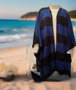 Vintage Women’s Stripe Cape Wrap Cardigan Shrug One Size Plus Blue & Black Japan - Picture 1 of 11