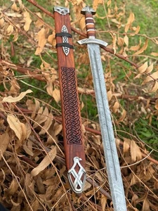 Handgefertigtes Damaststahl Wikinger Schwert mit Lederscheide | Full Tang | Battle - Bild 1 von 6