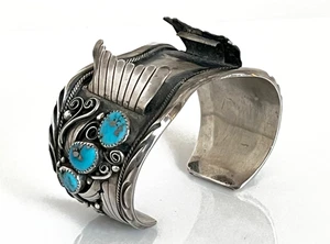 Signierte Navajo Vintage Justin Morris Sterlingsilber 6 Türkis Steine Uhrenmanschette - Bild 1 von 10