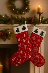 Pair of Handmade Tartan Christmas Stockings with Sherpa Cuff Upcycled Fabrics  - Picture 1 of 4