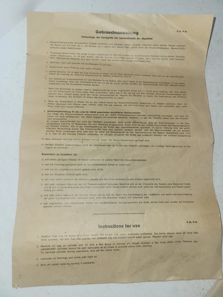 Wilesco D20 and D24 original operating instructions. German and English - Image 1 of 1
