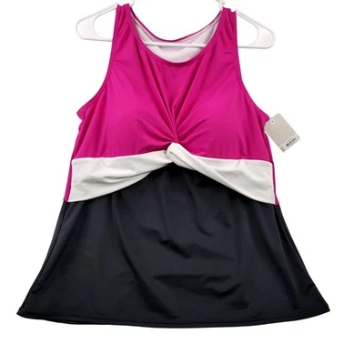 Plus Croft & Barrow High Neck Twist Front Tankini 1X 16W-18W Pink/Black/White - Image 1 of 4