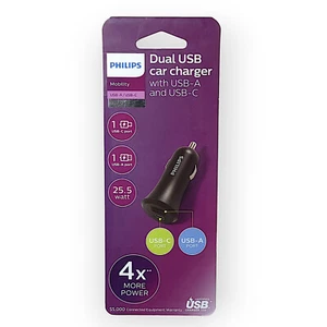 Philips Elite Dual USB Car Charger with USB-A & USB-C 25.5 watt 4X More Power - Picture 1 of 3