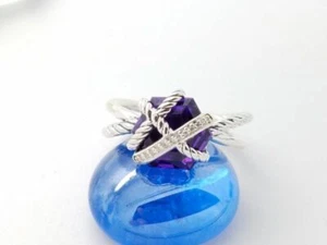 David Yurman Sterling Silver Cable Wrap Amethyst & Diamond Ring Size 6 - Picture 1 of 4