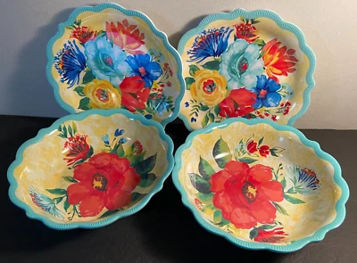 New Lot 4 Pioneer Woman Delaney Teal Dinner Bowls 44oz & Salad Plates 8.7" - Image 1 of 3