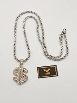 Collana in ottone placcato argento con ciondolo dollaro e cz anallerg. - Immagine 1 di 2