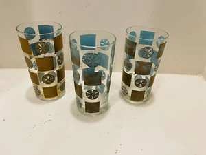 Set Of 3 VTG Turquoise & Gold Carnival Pattern Water Glasses Barware 12 Oz - Picture 1 of 5