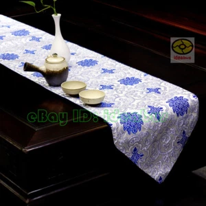 Snowblue13"x76" Chinese Lucky Lotus Floral pattern Brocade JACQUARD Table Runner - Imagen 1 de 7