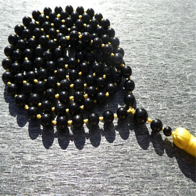 Collar Mala 8mm Turmalina Negra Piedras Preciosas 108 Cuentas Borlas Unisex Hombres Yoga Foto 1 de 3