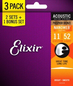 Elixir 3 Pack Phosphor Bronze Nanoweb Acoustic Guitar Strings 16544 Custom Light - Picture 1 of 1