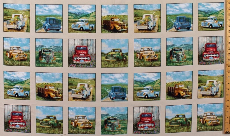 23.5" X 44" Panel Vintage Trucks Vehicles Cream Cotton Fabric Panel D767.49 - Image 1 of 1