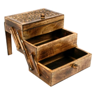 Solid Mango Wood Storage Chest with Sliding Drawers and Carved Floral Pattern - Image 1 of 4
