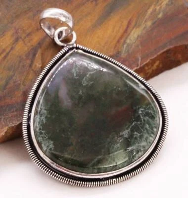Colgante hecho a mano de ágata de musgo enchapado en plata 925 de 2" Foto 1 de 3