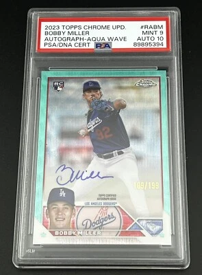 2023 Topps Chrome Bobby Miller Aqua Wave Refractor 109/199 RC PSA 9 Auto 10 - Image 1 of 2