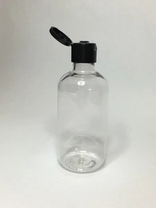 Empty 250ml PET Plastic Clear Boston Bottles And Black Flip Top Cap *ANY AMOUNT* - Bild 1 von 3