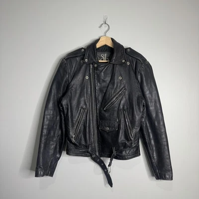Chaqueta de moto de cuero vintage Street Legal Bermans para hombre 36 negra con cinturón años 90 Foto 1 de 4