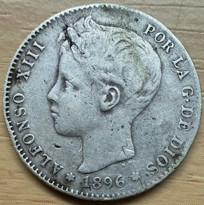 1896 Spain 1 Una Peseta .835 Silver Coin Alfonzo XIII KM 706 - Image 1 of 2