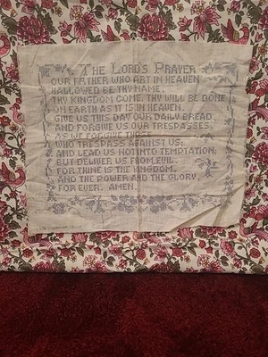 Antiguo panel de muestra bordado de la década de 1920 panel de oración del Señor 12x15 punto de cruz Foto 1 de 3