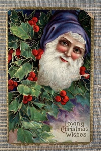 Loving Christmas Wishes Santa Claus Purple Hat Holly Antique Postcard Germany - Picture 1 of 2