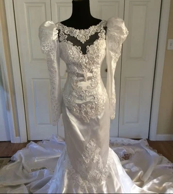 Victorian Wedding Dresses Vintage Long Puff Sleeves 1970s Satin Bridal Gowns - Image 1 of 3