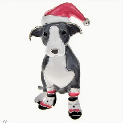 Betsey Johnson Christmas Dog Brooch With Santa Hat & Booties Gray & White - Image 1 of 3