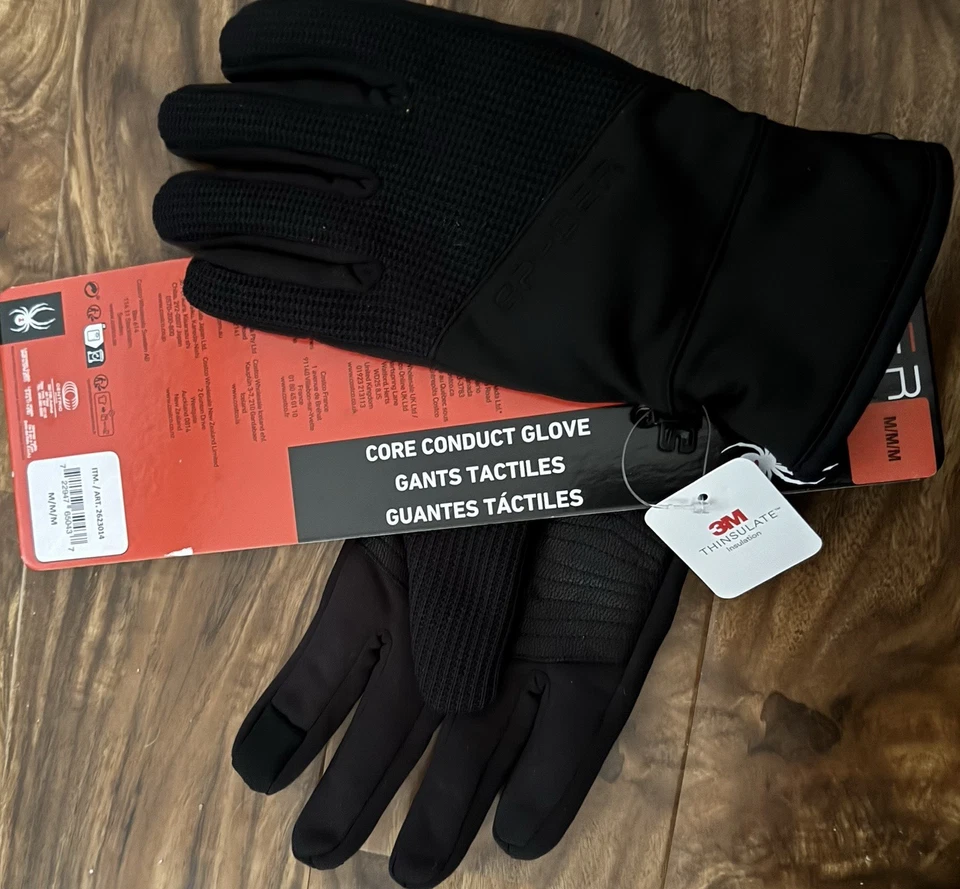 Guantes Spyder Core Conduct, negro, parche de cuero en la palma, suéter tejido talla Med NUEVO CON ETIQUETAS Foto 1 de 1