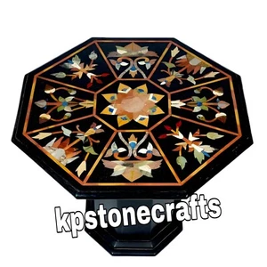 Octagon Black Marble Table Top | Handmade Abalone Shell & Carnelian Inlay - Picture 1 of 4