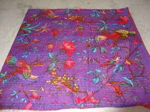 Indian Bird Print Kantha Quilt Vintage Bedspread Throw Blanket Cotton Gudari IND - Picture 1 of 34