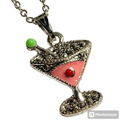 Martini Cocktail Drink Cup Glass Charm Necklace Pendant Pink Enamel 18" Chain - Image 1 of 4