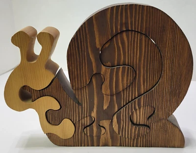 Handmade Two Toned Solid Wood Snail Interlocking 4 Piece Jigsaw Puzzle Shelf Sit - Image 1 of 4