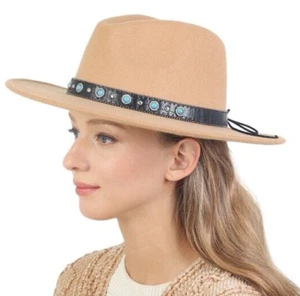 FELT FEDORA HAT W/TURQUOISE COWBOY TRIM, CAMEL - Picture 1 of 1