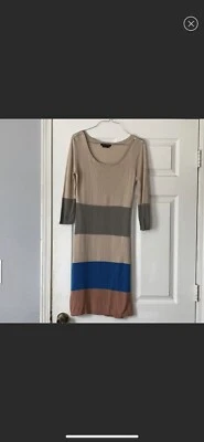 Vestido suéter BCBGMaxAzria azul marrom bronzeado cor bloco gola redonda com nervuras tamanho M - Imagem 1 de 4