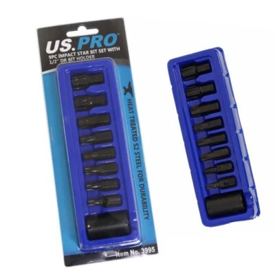 US PRO 9pc Impact Star Torx Bit Set With 1/2" DR Bit Holder T30 - T70 star-trx - Image 1 of 3